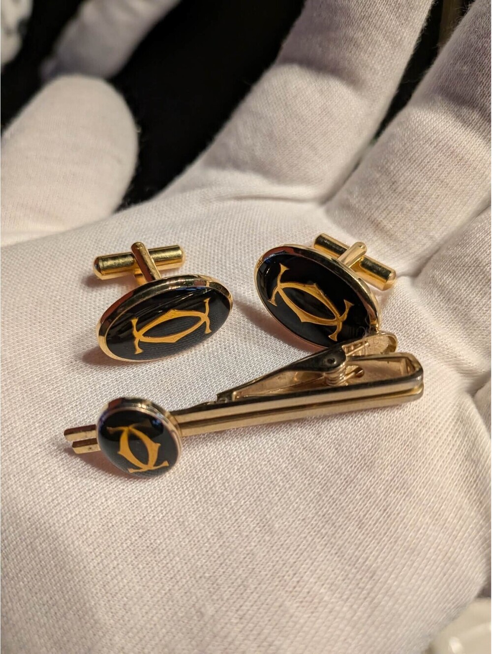 Cartier 2C Logo Tie Bar & Cufflink Set Authentic Oval Shape Black & Gold Men's